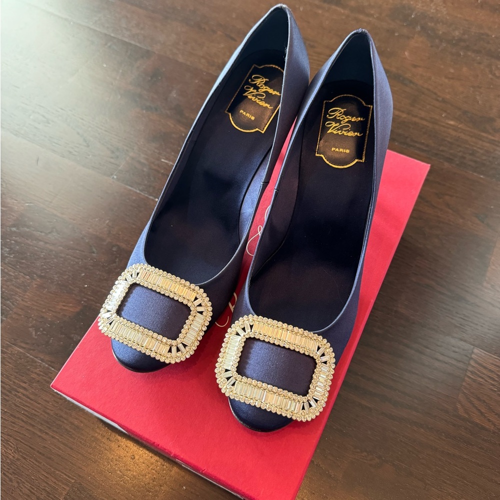 Roger Vivier Navy Satin Heels with Embellished Buckle